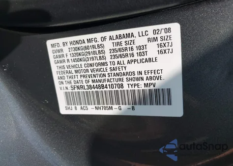 2008 Honda Odyssey Ex z USA, uszkodzony, nr VIN 5FNRL38448B410708